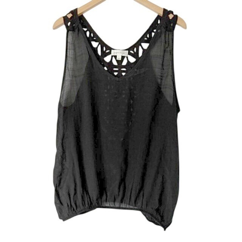 Sugar Rain Crochet Back Womens Large Black Tank Top Boho Lace Sleeveless